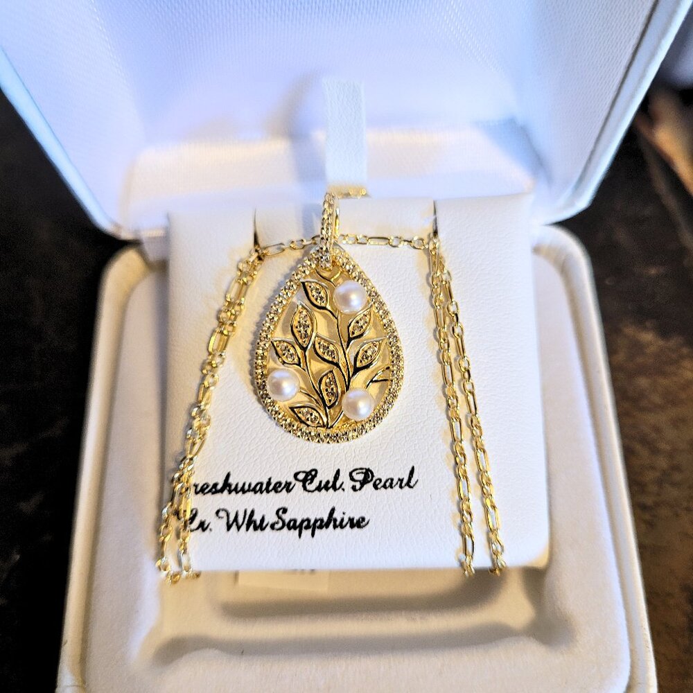 18k Gold Over Sterling Silver Pearl & White Sapphire Necklace